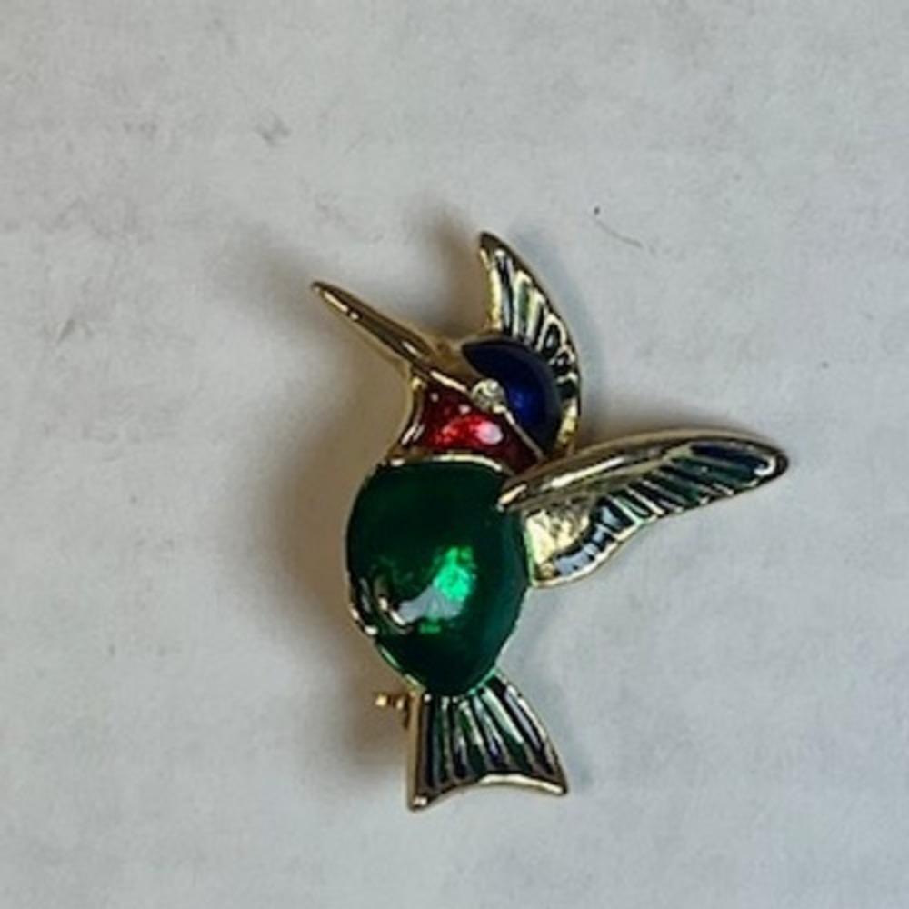 Vintage Hummingbird Brooch Gold Tone Colorful Enamel Bird Pin Rhinestone Eye‎